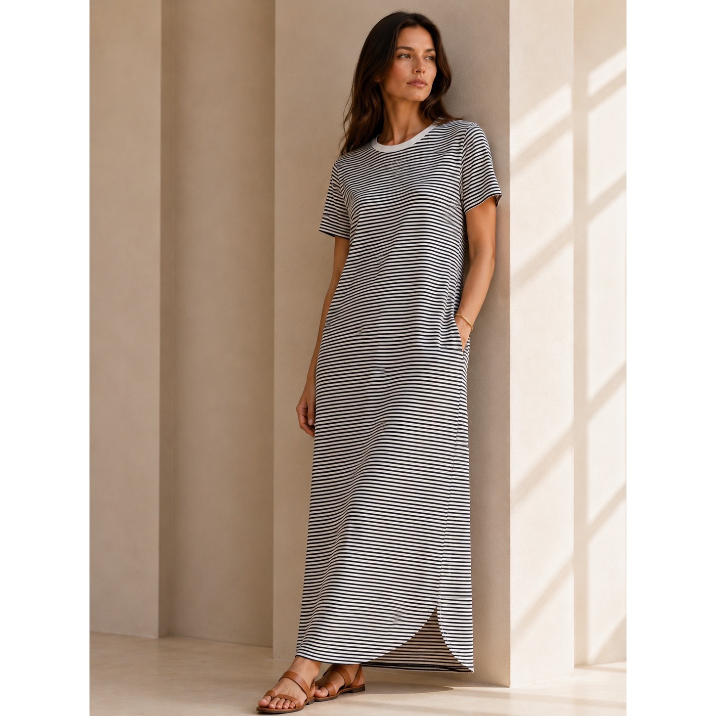 Frank & Eileen Harper Tee Maxi Dress Women M Navy White Striped Raw Hem Lab419st